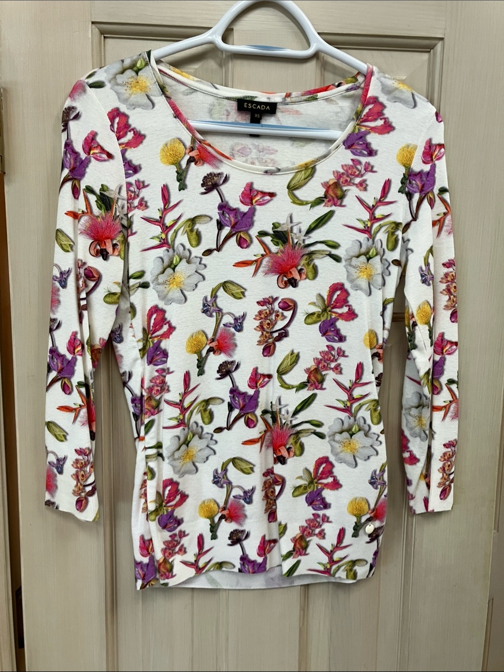 Escada White Floral Scoop-Neck Long-Sleeve Tee with Pink & Purple Accents